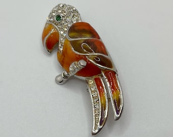 Vintage 1970s Parrot Brooch - Orange Enamel - Rhinestone - Silver Tone