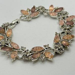 Vintage 1960s Rhinestone Bracelet - Light Pink Crackle Glass - Light Purple Frosted Glass - Silver Tone - Leaf and Floral Design