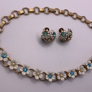 Vintage 1940s/50s CORO Necklace and Clip on Earrings White Enamel Blue Rhinestone and Faux Pearl Gold Tone image 5