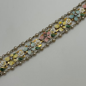 Vintage 1960s Enamel Flower Rhinestone Bracelet - Pink, Yellow and Blue - Faux Pearls - Gold Tone