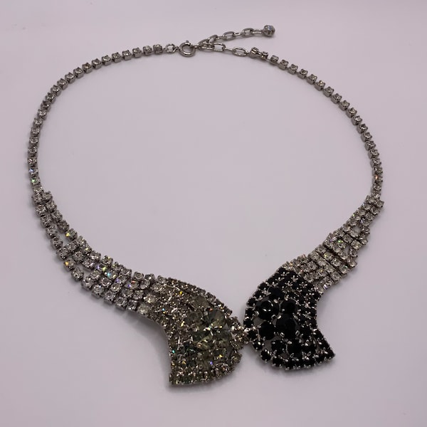 Vintage 1960s Rhinestone Necklace - Black, White and Grey Rhinestones - Unique Style - Vintage Glamour - Evening Wear