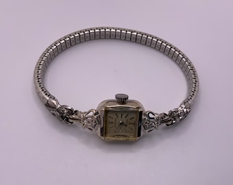 Vintage 1950s 14K White Gold and Diamond ETERNA Birks Ladies Watch - Needs Repair - Sterling Setting Expansion Bracelet - Swiss Movement