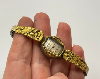 Vintage 1960s Gold Nugget BULOVA Damen Uhr - 10k Gold Panels - Yukon Gold Nugget Schmuck - Erweiterungs Armband