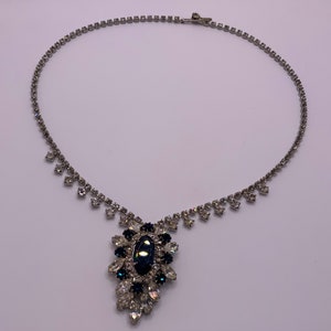 Vintage 1960s Sapphire Blue Rhinestone Necklace - Oval Rhinestone Pendant - Adjustable Length - Vintage Glitzy Evening Wear