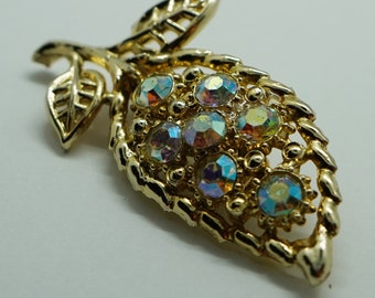 Vintage 1950s/60s Aurora Borealis Rhinestone Leaf Design Statement Brooch