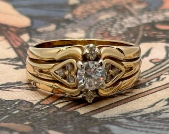 Vintage 1980s 14K Diamond Wedding Ring Set - Top Quality Diamond - Heart Motif - Size 6.25