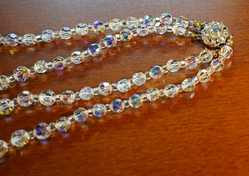 Vintage Circa 1950\u2019s Double Strand Aurora Borealis Graduated Rhinestone Bead Necklace