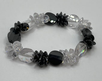 Vintage Swarovski Crystal Bracelet - Black and Clear Crystal - Stretch Bracelet - 1990s