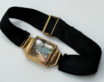Vintage Gold Tone Pearl & Opal Bracelet - Adjustable Black Band Fashion Jewelry