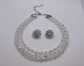 Vintage 1950s Demi-Parure Set - Austrian Crystal Beads - Aurora Borealis Crystal - Triple Strand Necklace - Clip on Earrings