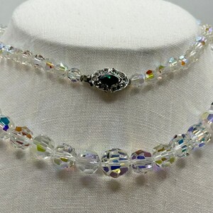 Vintage 1950s AB Austrian Crystal Necklace - Fancy Emerald Green Rhinestone Clasp - Graduated Size - 26 inches long