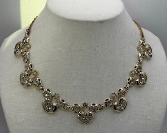 Vintage 1960s Rhinestone Necklace - Adjustable Length - Fancy Link Bib Necklace - Silver and Gold Tone