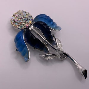 Rare Vintage 1960s Rhinestone and Thermoset Flower Brooch - AB Rhinestone and Blue Tone Thermoset Moulded Petals - Statement Brooch