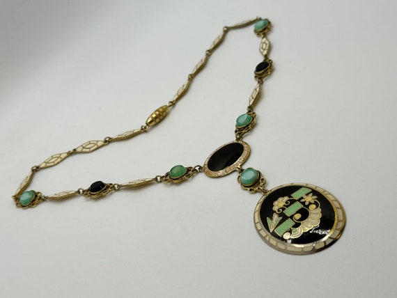 Antique 1920s ART DECO Necklace - Green, Black an… - image 8