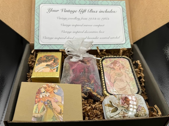 Art Nouveau Vintage Gift Box - Jewelry, Mirror Compact, Decorative Box & Rose Lavender Sachet