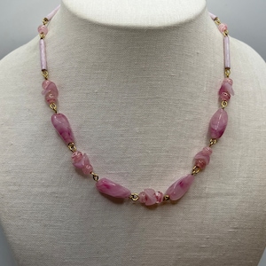 Vintage 1950s Pink Czech Glass and Brass Necklace with screw style clasp