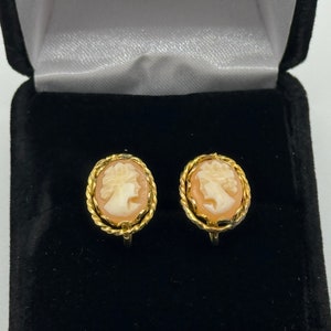 Vintage 1940s 12K Gold Filled Victorian Revival Clip on Earrings - Real Shell Cameo - Screw Style Backs - Small Size