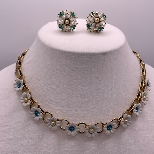 Vintage 1940s/50s CORO Necklace and Clip on Earrings White Enamel Blue Rhinestone and Faux Pearl Gold Tone image 1