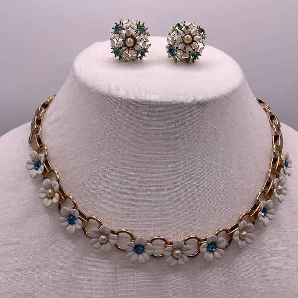 Vintage 1940s/50s CORO Necklace and Clip on Earrings - White Enamel - Blue Rhinestone and Faux Pearl - Gold Tone