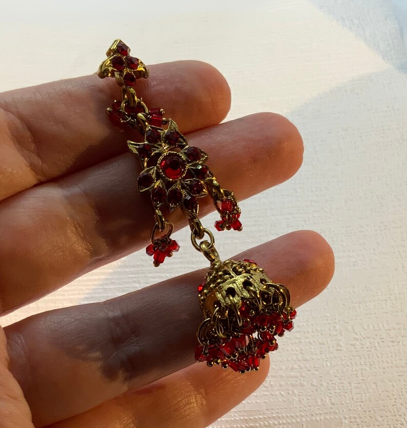 Vintage Red Rhinestone Ornate Jhumka Long Dangly Gold Tone Earrings