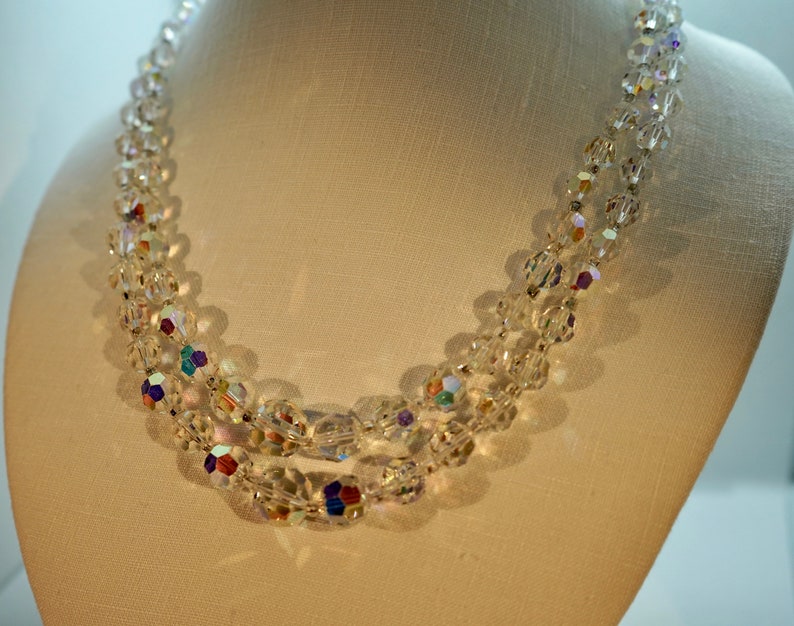 Vintage Circa 1950\u2019s Double Strand Aurora Borealis Graduated Rhinestone Bead Necklace