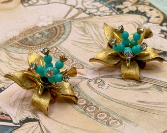Vintage 1960-tals Blomörhängen med klämma - Imitationsfrö Turkos - Strass - Förgylld