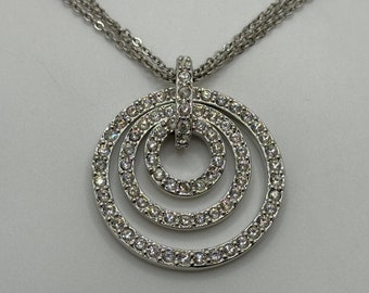 Vintage 1990s NOLAN MILLER Pendant Necklace - Triple Rhinestone Circle - Triple Strand Chain - Silver Tone