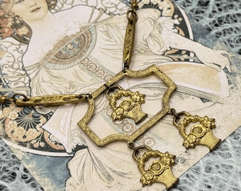 Antique Victorian Brass Necklace - Three Flower Bouquet Baskets - Engraved Design - 16.5 inches long