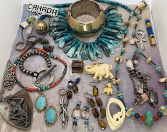 Vintage 1970s-2000s Jewellery Lot - Tribal Jewelry - Tooth Necklace - Turquoise - Sterling Silver - Coral