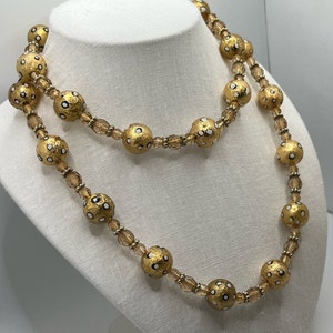 Vintage 1980s JOAN RIVERS Necklace - Faux Murano Glass Beads - Gold Foil Beads - Long Necklace - Spotted Beads