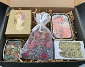 Art Nouveau Gift Set - Vintage Jewellery - Alphonse Mucha Inspired - Lavender Sachet, Trinket Boxes, Vintage Style