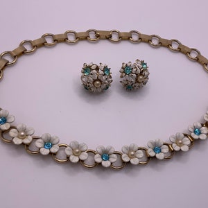 Vintage 1940s/50s CORO Necklace and Clip on Earrings White Enamel Blue Rhinestone and Faux Pearl Gold Tone image 2