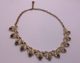 Vintage 1950s CORO Rhinestone Necklace - Rare Color Changing Rhinestones - Yellow, Grey, Blue Flashes - Leaf and Flower Design