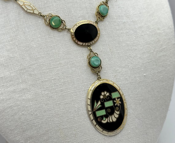 Antique 1920s ART DECO Necklace - Green, Black an… - image 7