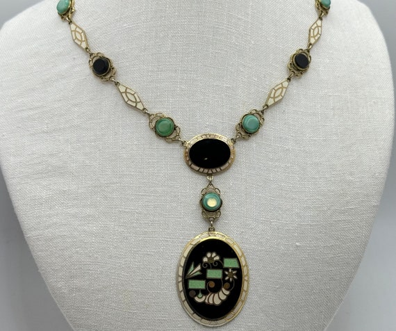 Antique 1920s ART DECO Necklace - Green, Black an… - image 9