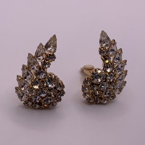 Vintage 1960s Statement Rhinestone Clip on Earrings - Juliana Style Climber Earrings - Glitzy Vintage Evening Wear - Gold Tone