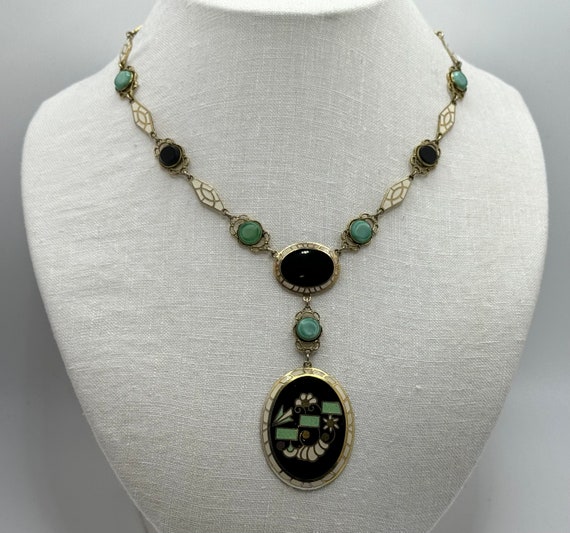 Antique 1920s ART DECO Necklace - Green, Black an… - image 1