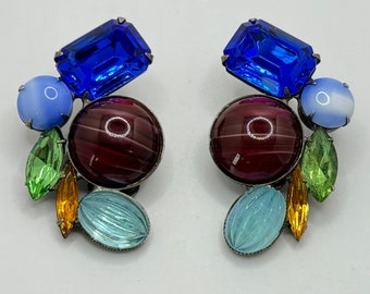 Vintage 1960s Czech Art Glass Clip on Earrings - Multi Tone Glass - Blue, Green, Yellow, Dark Red - Statement Earrings
