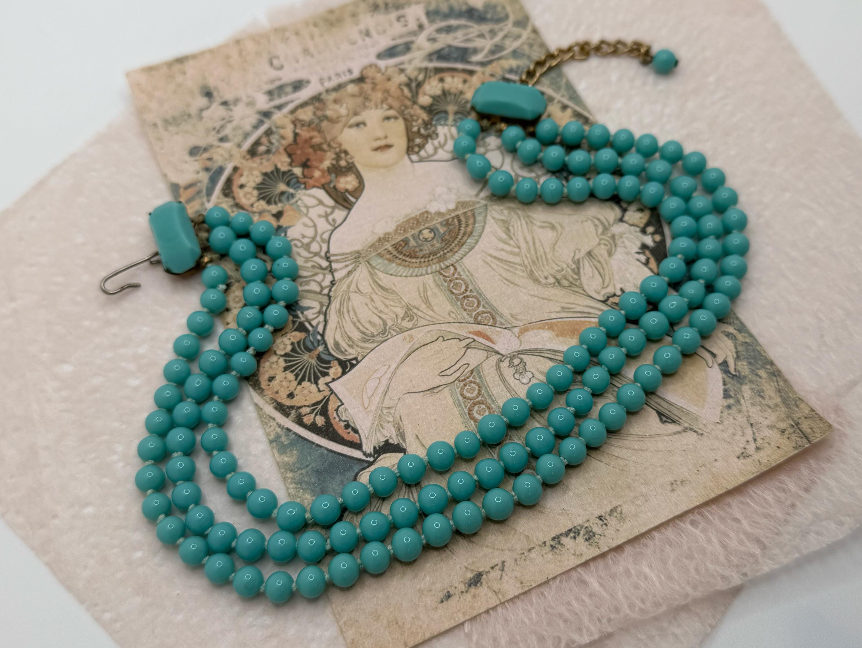 アールデコ　1920s クラシック　チョーカー　ビーズステッチ スワロ使用 Antique/vintage 1920s/30s Art Deco Era Turquoise Glass Beaded