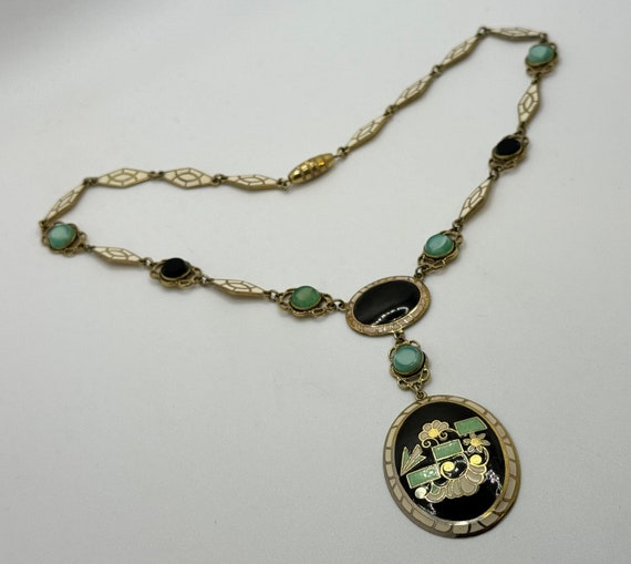 Antique 1920s ART DECO Necklace - Green, Black an… - image 2