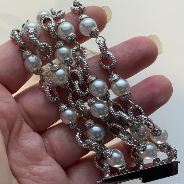 Retro Signed ZIRCONITE Faux Pearl Five Strand Textured Oval Silver Tone Link Bracelet with Slide Clasp