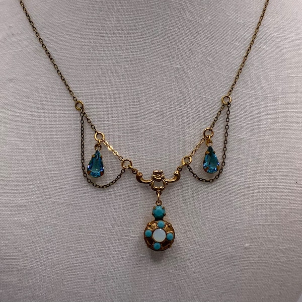 Vintage Edwardian Festoon Necklace - Reproduction Antique Revival - Blue Glass and Rhinestone - Gold Filled Clasp - Gold and Brass Tone