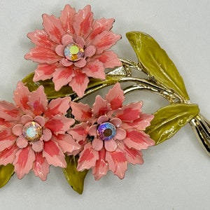 Vintage 1950s CORO Enamel Flower Brooch - Three Pink Flowers - AB Rhinestones - Light Gold Tone - Statement Brooch