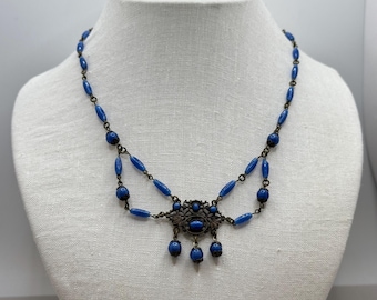 Vintage 1930s Czech Glass Festoon Necklace - Blue Glass and Brass - Art Deco Era