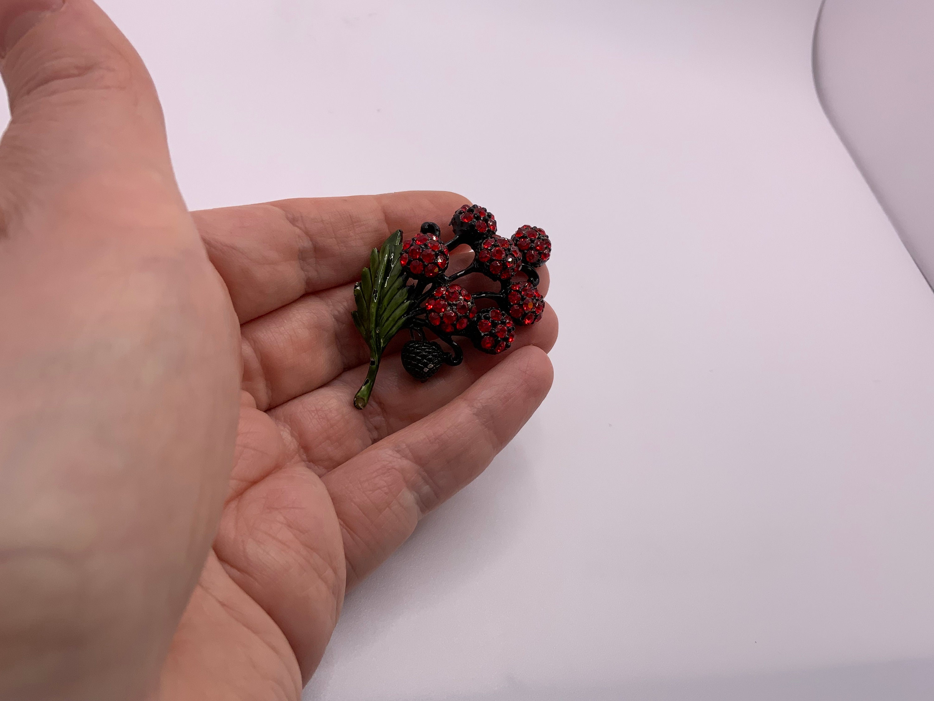 Art Deco Style Holly & Cherry Enamel Brooch – Red & Green Christmas Themed Jewelry