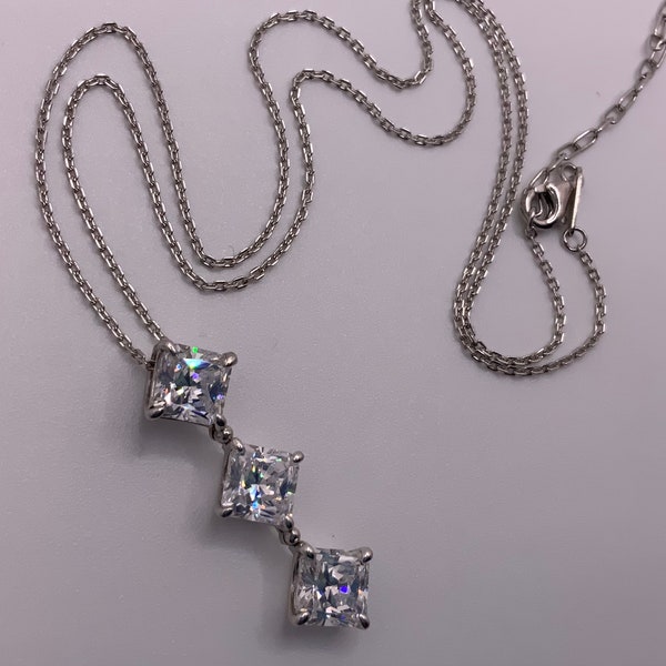 Vintage 1990s DANIEL K. Simulated Diamond Pendant - Sterling Silver - Three Stone Princess Cut - 6.00ct tw size