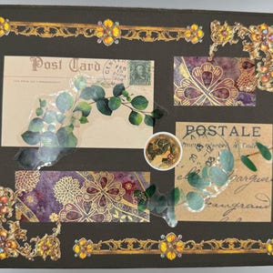 May include: A dark brown box decorated with vintage-style postcards, floral designs, and gold embellishments. The postcards feature botanical illustrations and the words "Post Card" and "Postale". Decorative gold borders and corner accents add a touch of elegance.