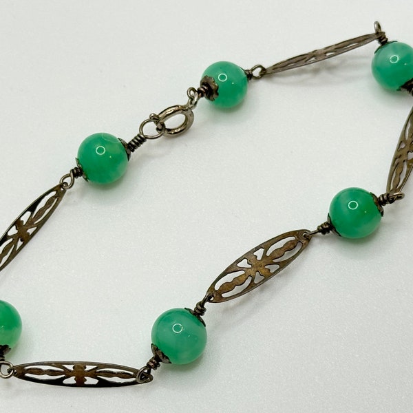 Vintage 1930s Art Deco Silver Peking Glass Bracelet - Station Beads - Fancy Elongated Links - Faux Green Jade