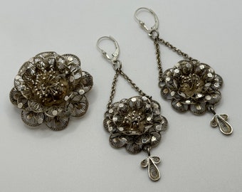 Vintage Sterling Silver Filigree Flower Brooch and Dangle Earrings Set