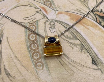 Vintage 14K Two Tone Gold Yellow Imperial Topaz and Sapphire Pendant Necklace with Sterling Silver Chain